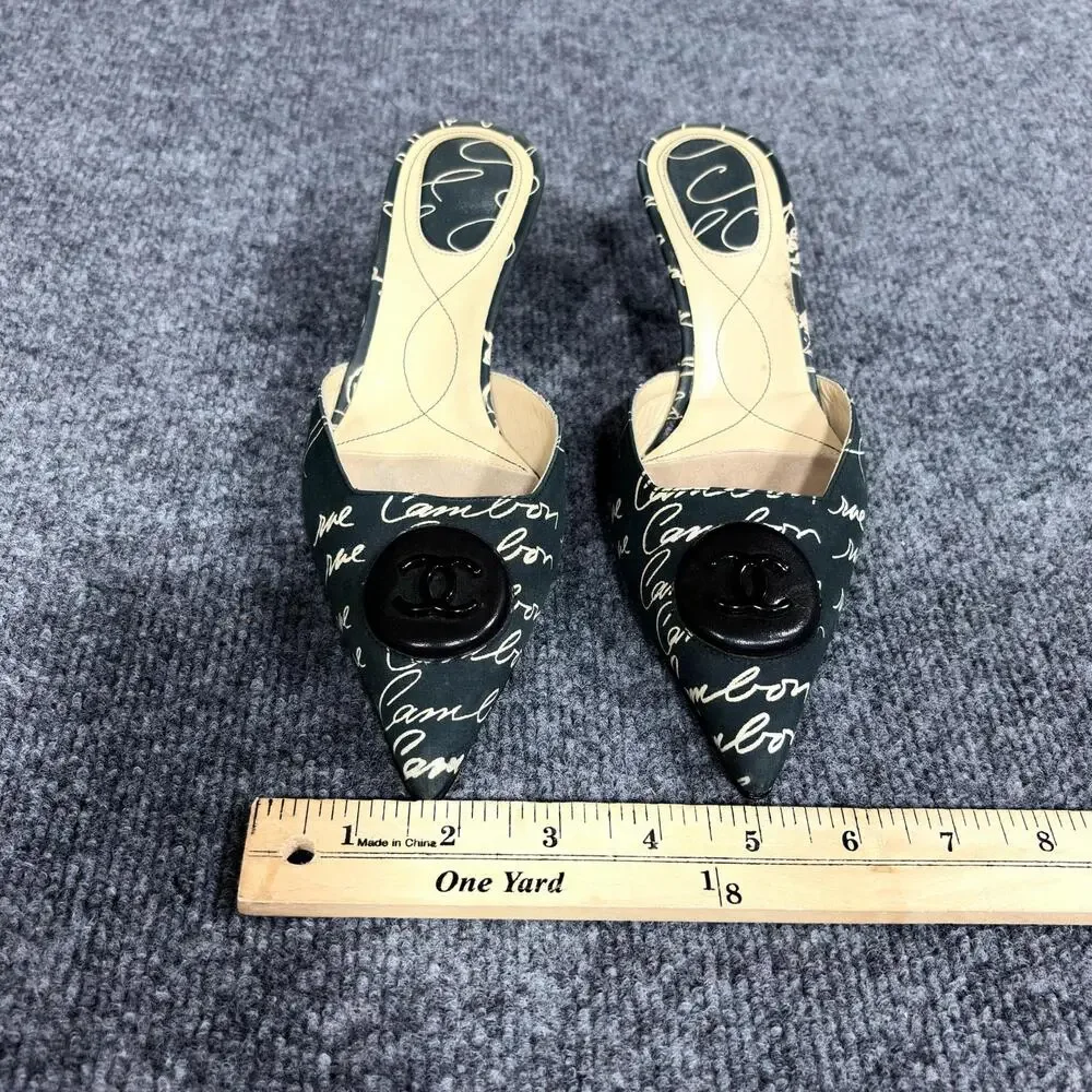 Vintage Chanel Shoes Womens 6 EU 36 Black Cruise Script Print Kitten Heel Mules